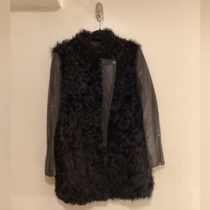Alberto Makali Faux Fur & Leather Mixed Media Black Shaggy Coat